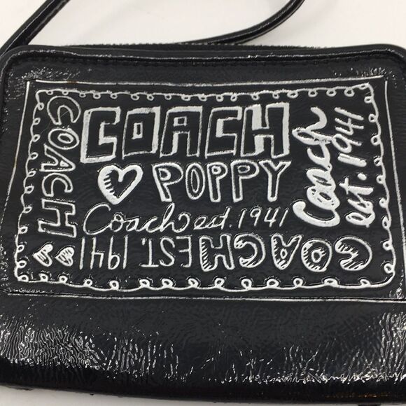 Coach Poppy Black Patent Leather Square Wristlet with Metallic Silver Lettering - Picture 2 of 16